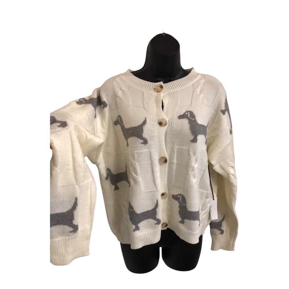 Cream & gray dachshund print adorable dog puppy cardigan sweater size medium new